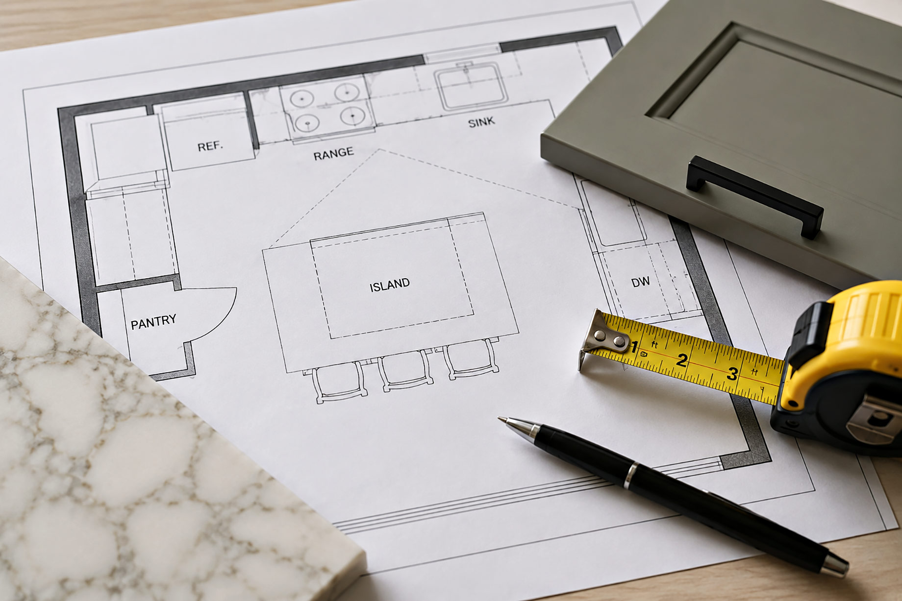 Kitchen floor plan with cabinet sample, countertop material, tape measure, and pen arranged for renovation planning.