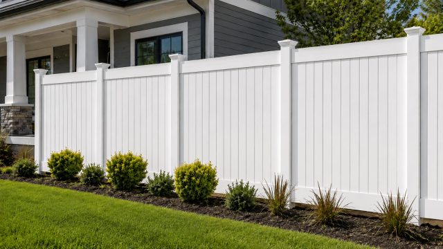 Clean white privacy fence with evenly spaced vertical panels, landscaped garden beds, green lawn, and a modern residential home in the background.