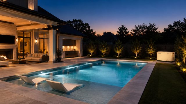 Luxury backyard with an illuminated swimming pool, covered outdoor living area, landscaping, and a standby generator at dusk