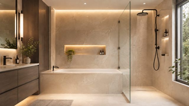 Luxury bathroom with a deep soaking tub, frameless glass shower, rainfall showerhead, warm stone finishes, dark wood cabinetry, and integrated lighting.