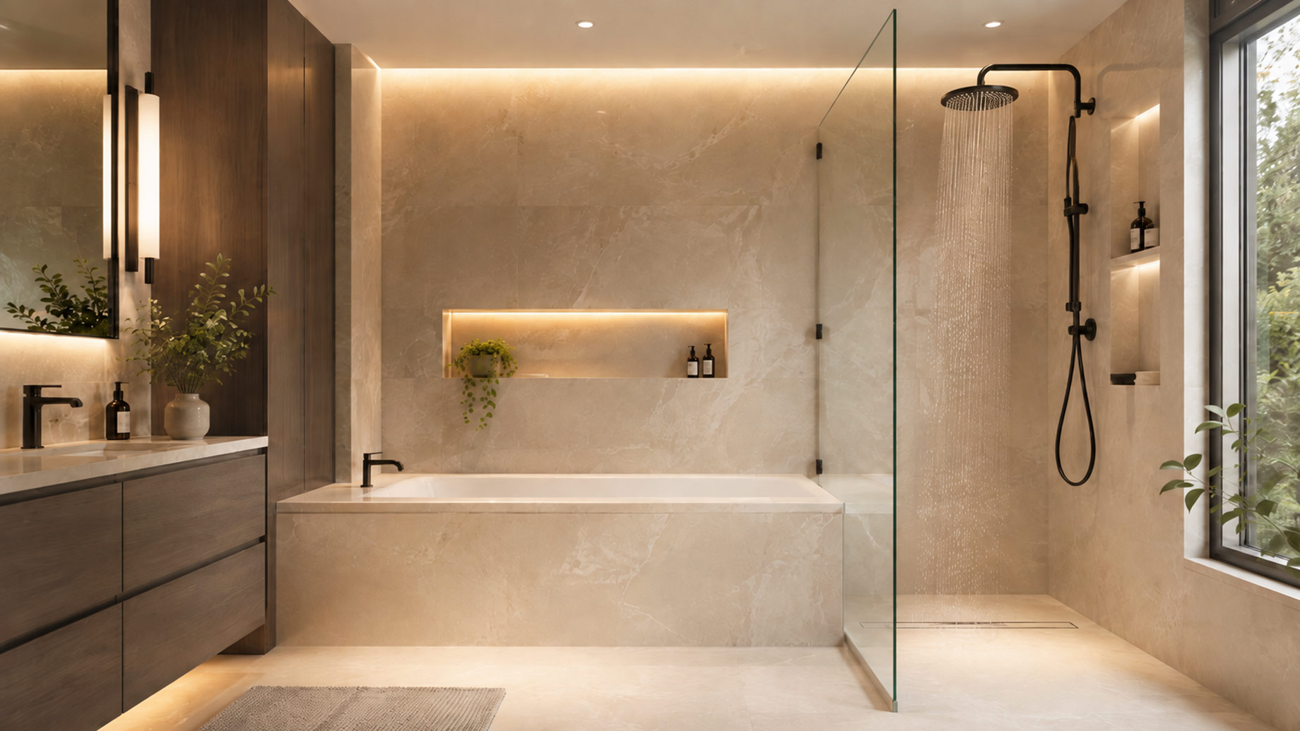 Luxury bathroom with a deep soaking tub, frameless glass shower, rainfall showerhead, warm stone finishes, dark wood cabinetry, and integrated lighting.