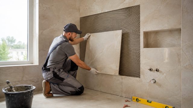 Professional installer fitting a large-format stone tile onto prepared adhesive during a luxury bathroom renovation.