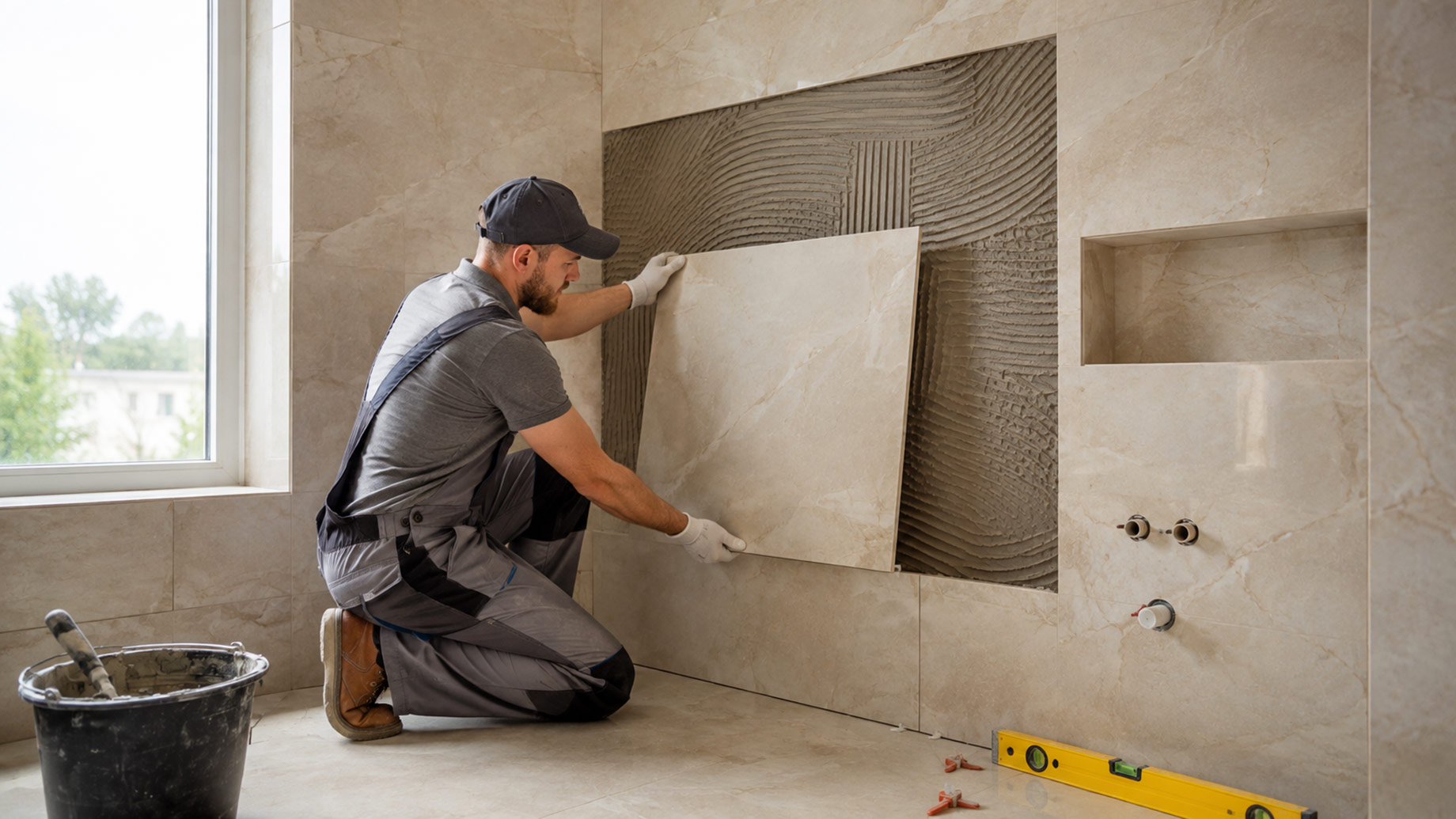 Professional installer fitting a large-format stone tile onto prepared adhesive during a luxury bathroom renovation.