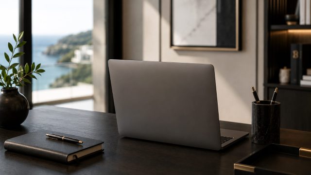 Laptop on a refined executive desk with a notebook, pens, and coastal views in a minimalist luxury office.