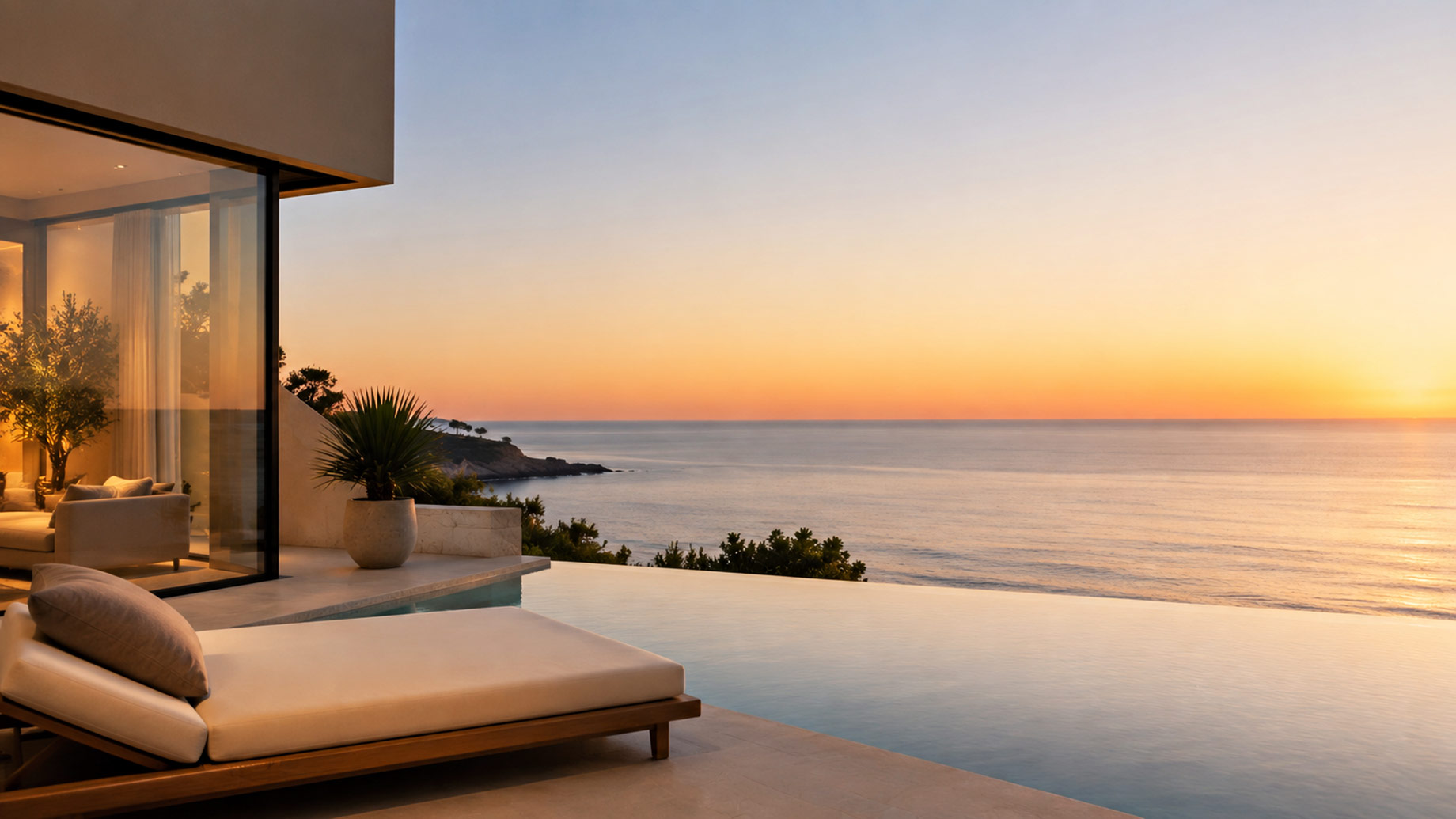 Minimalist luxury coastal villa with an infinity pool overlooking the ocean at sunset.