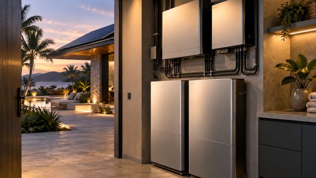 Wall-mounted battery storage and inverter units in a modern villa utility room, with solar panels and a tropical waterfront terrace visible at sunset.