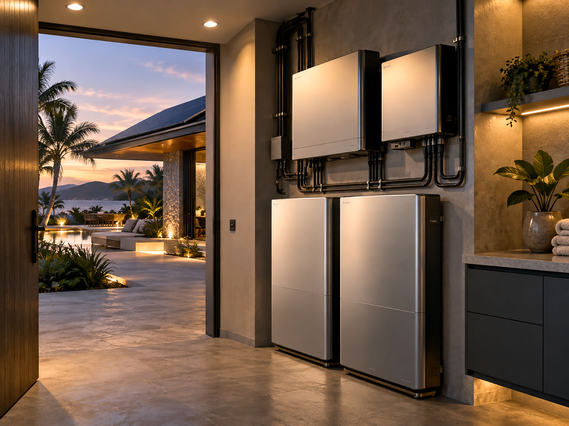 Wall-mounted battery storage and inverter units in a modern villa utility room, with solar panels and a tropical waterfront terrace visible at sunset.