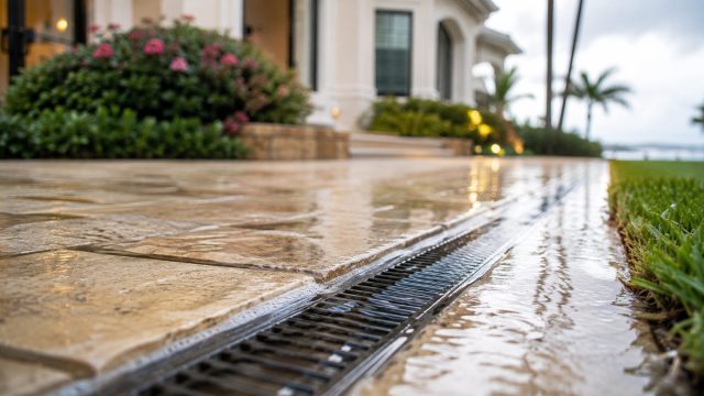 Linear drainage channel collecting rainwater beside a luxury home's stone walkway and landscaped lawn during wet weather.