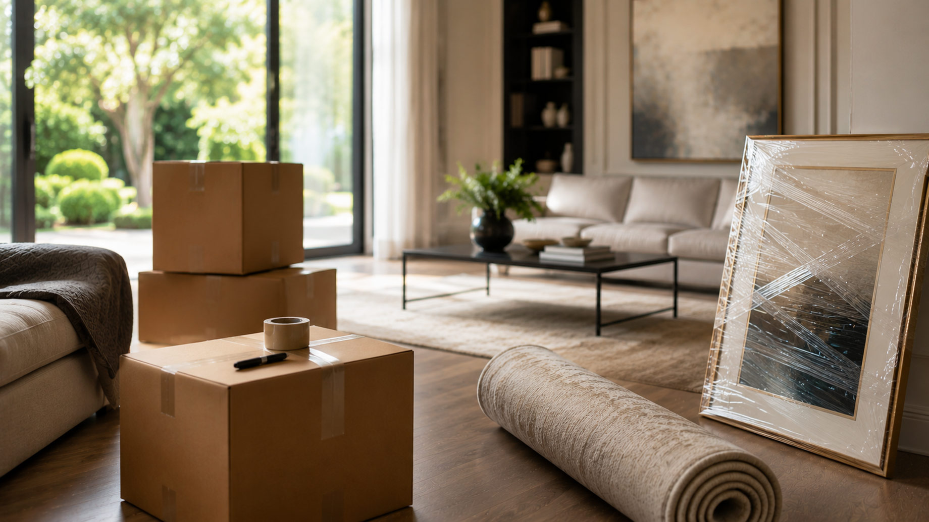 Luxury living room prepared for moving with packed boxes, protected artwork, a rolled rug, and elegant furnishings