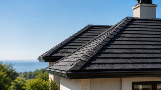 Close-up of a luxury home with a dark tiled roof, clean ridge lines, chimney, and coastal landscape in the background.