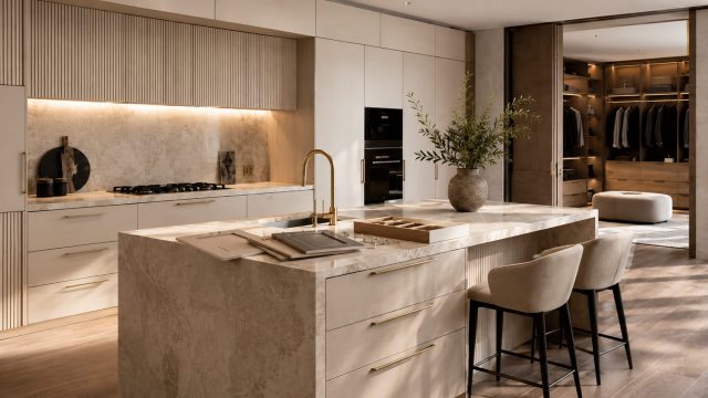 Luxury modern kitchen with custom cabinetry, stone island, brass hardware, material samples, and an illuminated built-in wardrobe.