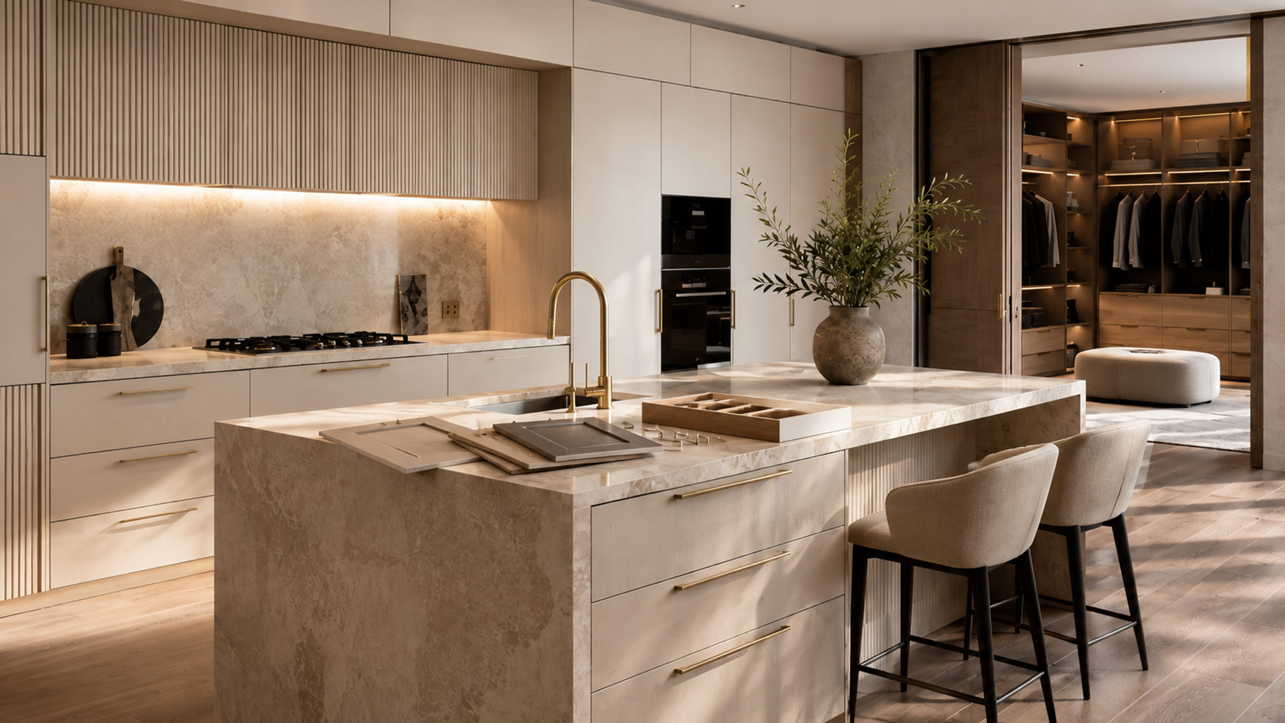Luxury modern kitchen with custom cabinetry, stone island, brass hardware, material samples, and an illuminated built-in wardrobe.