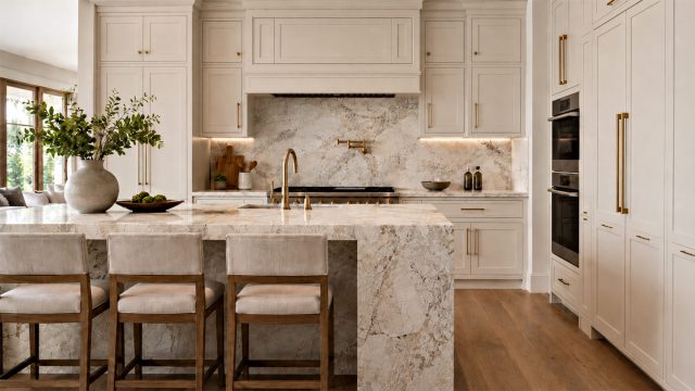 High-end remodeled kitchen with custom cream cabinetry, brass hardware, marble countertops and backsplash, wood flooring, and a large central island.
