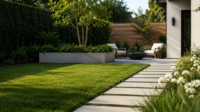 Luxury Texas backyard with manicured lawn, modern stone pathway, layered greenery, white flowers, and a refined outdoor seating area.