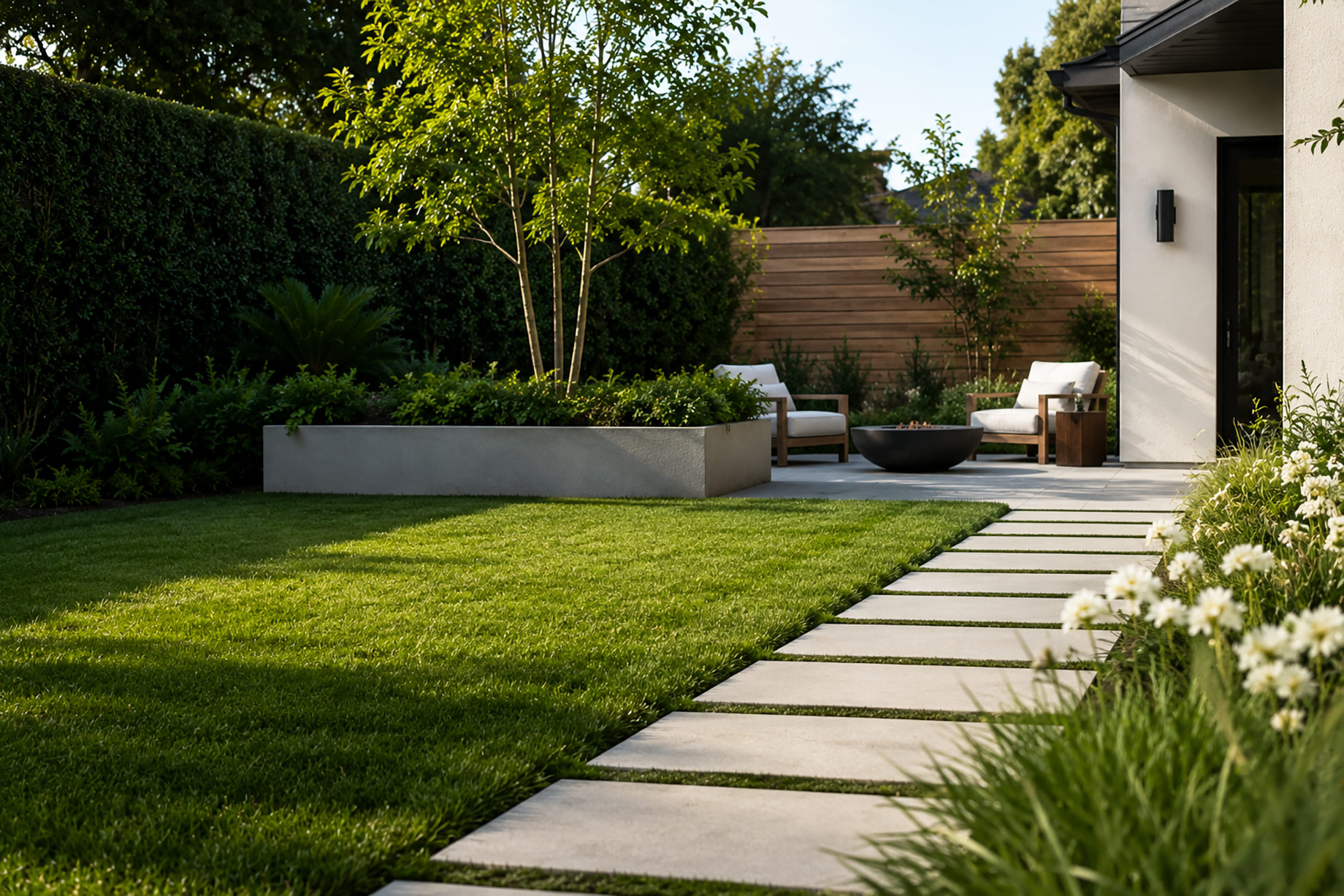 Luxury Texas backyard with manicured lawn, modern stone pathway, layered greenery, white flowers, and a refined outdoor seating area.
