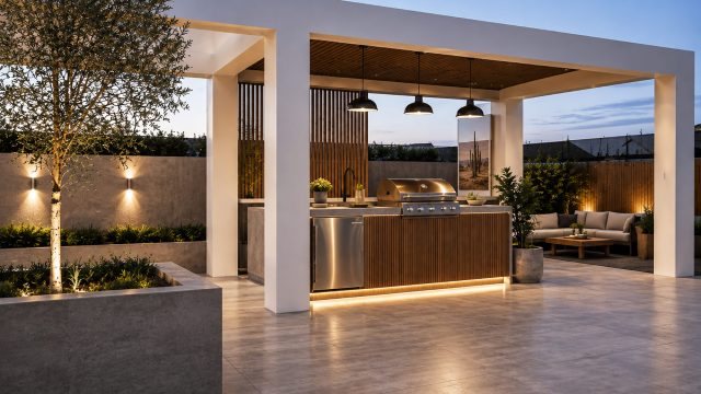 Contemporary Australian outdoor entertaining area with built-in barbecue, outdoor fridge, covered kitchen, lounge seating, and landscaped surroundings.