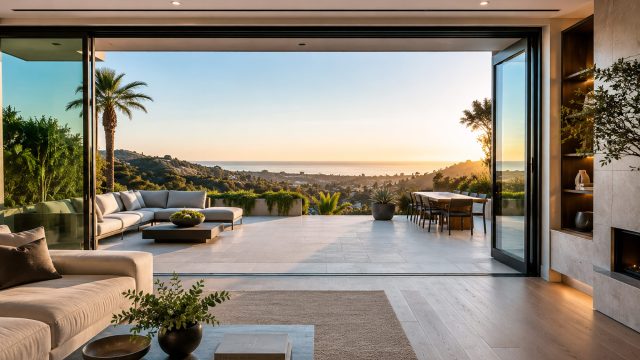Luxury living room with fully opening glass patio doors connecting the interior to a spacious terrace with sweeping coastal views.