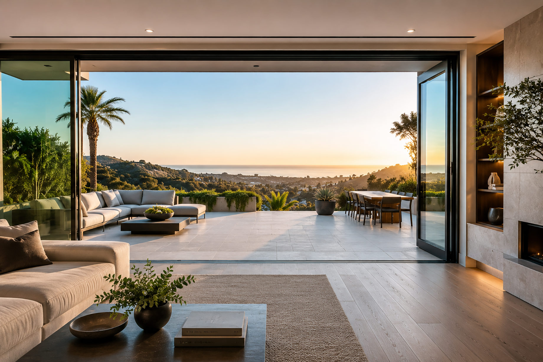 Luxury living room with fully opening glass patio doors connecting the interior to a spacious terrace with sweeping coastal views.
