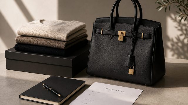 Black luxury handbag, folded premium knitwear, packaging, notebook, and inventory planning sheet arranged on a refined stone surface.