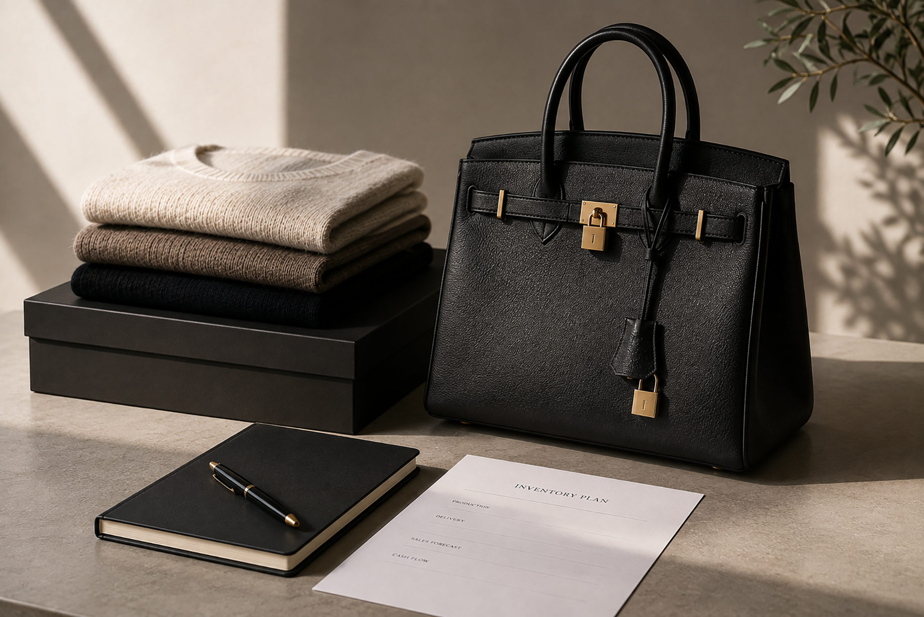 Black luxury handbag, folded premium knitwear, packaging, notebook, and inventory planning sheet arranged on a refined stone surface.