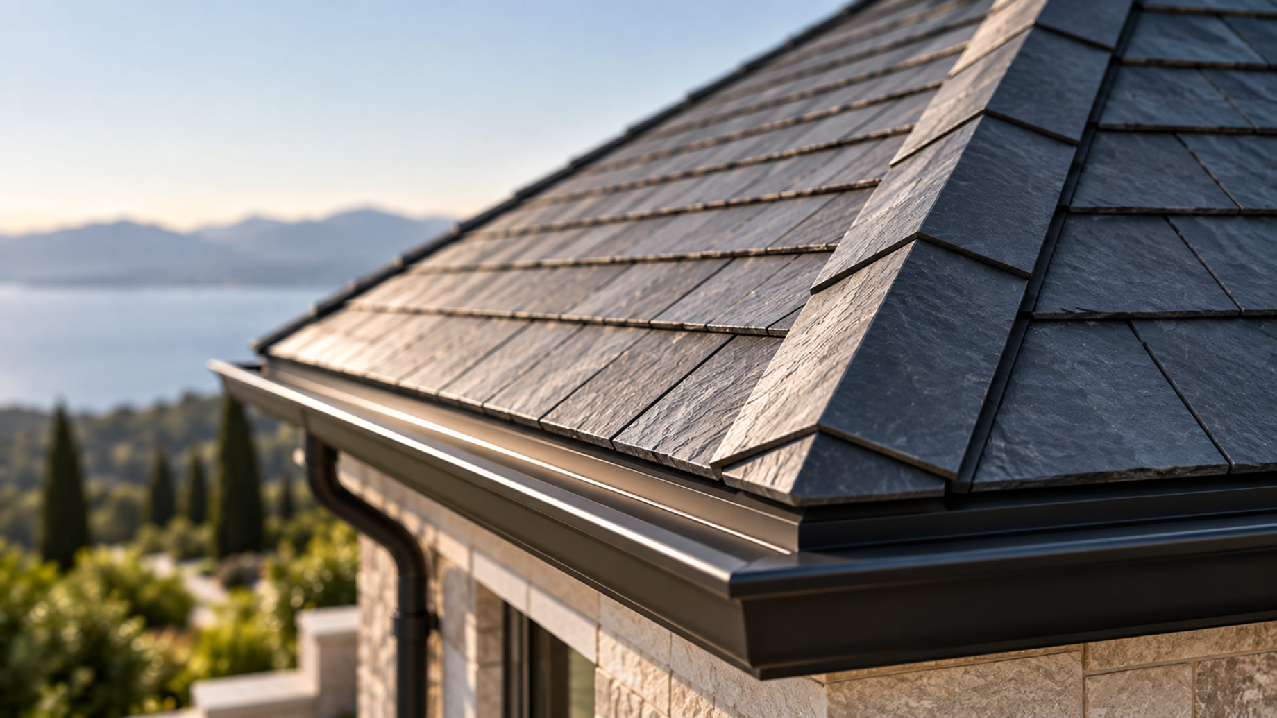 Close-up of a luxury home’s slate roof corner with layered tiles, ridge detailing, metal guttering, and precise architectural finishes.