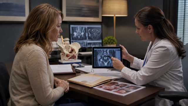 Physician reviews pelvic imaging with a woman during a consultation about documented pelvic mesh complications and treatment history.