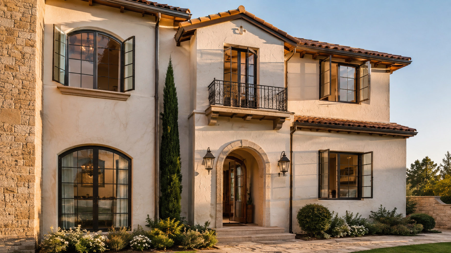 Mediterranean-style villa with open black-framed casement windows, warm stucco walls, terracotta roofing, stone accents, and wrought-iron balcony details.