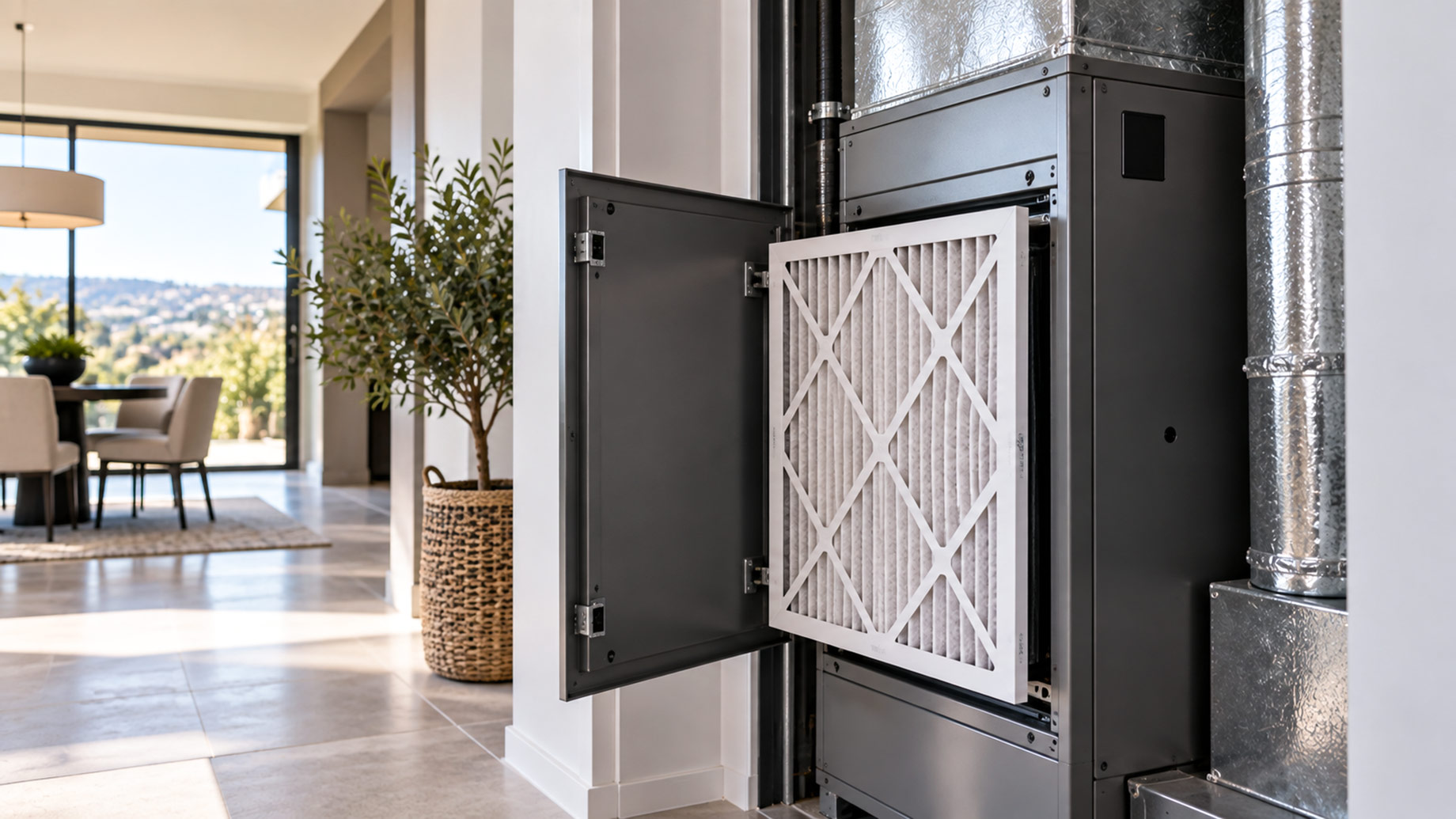Modern residential HVAC unit with a clean pleated air filter installed in a streamlined utility area beside a bright contemporary living space.