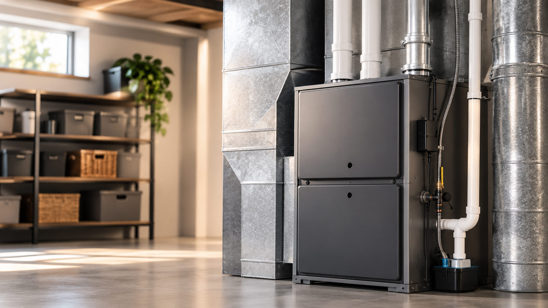 Modern high-efficiency furnace with metal ductwork and PVC venting installed in a clean residential basement utility room.
