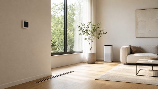 Minimalist living room with a wall thermostat, linear floor vent, air purifier, large window, and natural daylight.