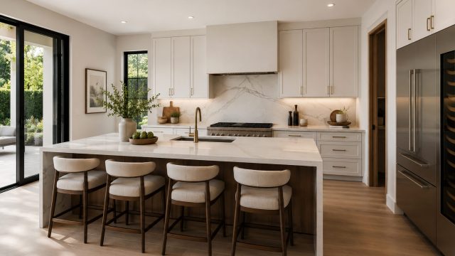Minimal luxury kitchen with a waterfall stone island, white cabinetry, warm wood finishes, recessed lighting, and black-framed doors opening to a garden.