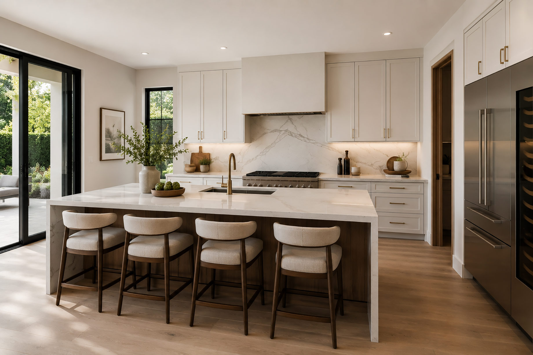 Minimal luxury kitchen with a waterfall stone island, white cabinetry, warm wood finishes, recessed lighting, and black-framed doors opening to a garden.