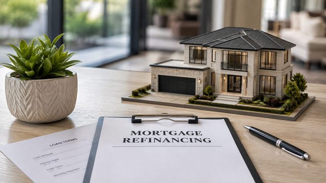 Mortgage refinancing paperwork, loan terms, a pen, and a detailed luxury home model arranged on a clean desk in a modern interior.