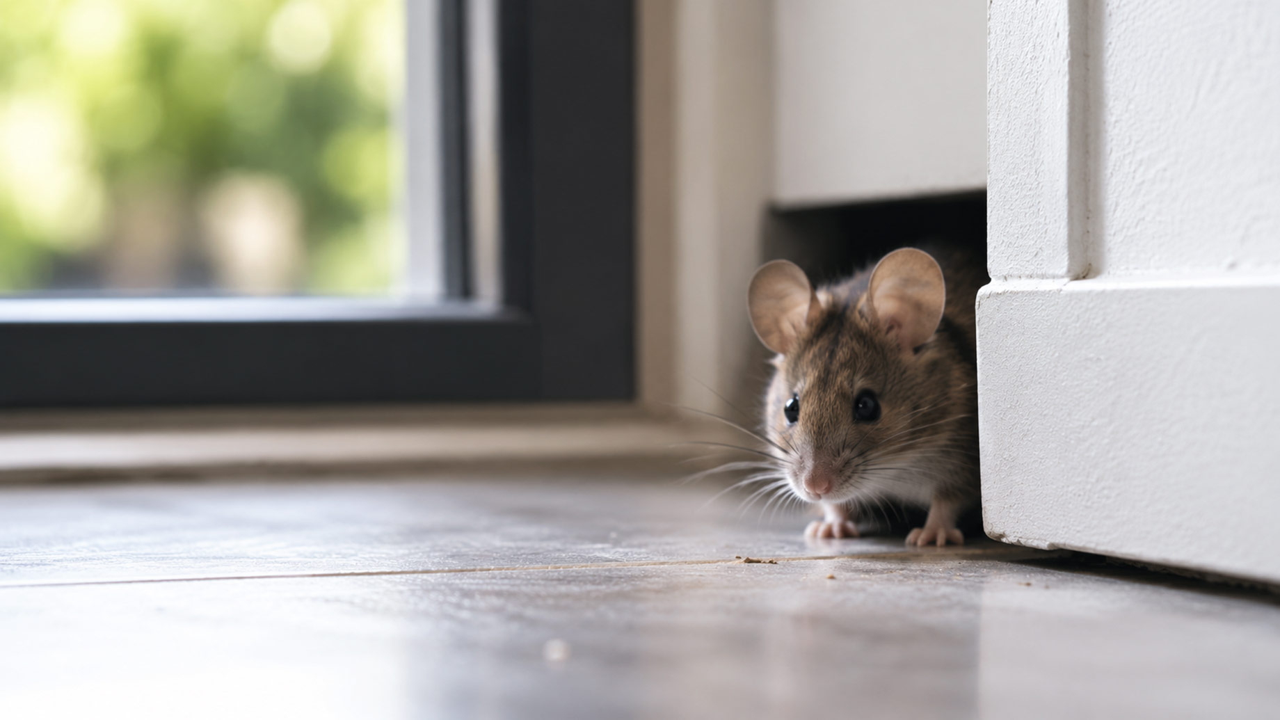 Small mouse emerging from a hidden gap near the floor inside a quiet home, illustrating pest risks in vacant second homes and vacation properties.