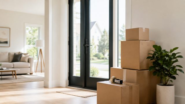 Stacked moving boxes beside the entrance of a bright, modern suburban home in Fairfax County.