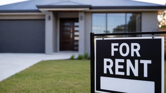 Modern newly built rental home with a For Rent sign displayed on the front lawn.
