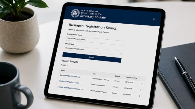iPad displaying the North Carolina Secretary of State Business Registration Search beside a coffee mug, notebook, and potted plant.