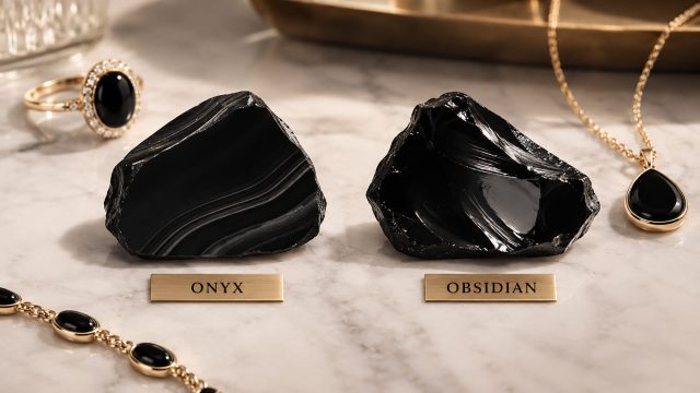 Banded black onyx and glossy obsidian displayed side by side with a gold ring, pendant, and bracelet on a pale marble surface.