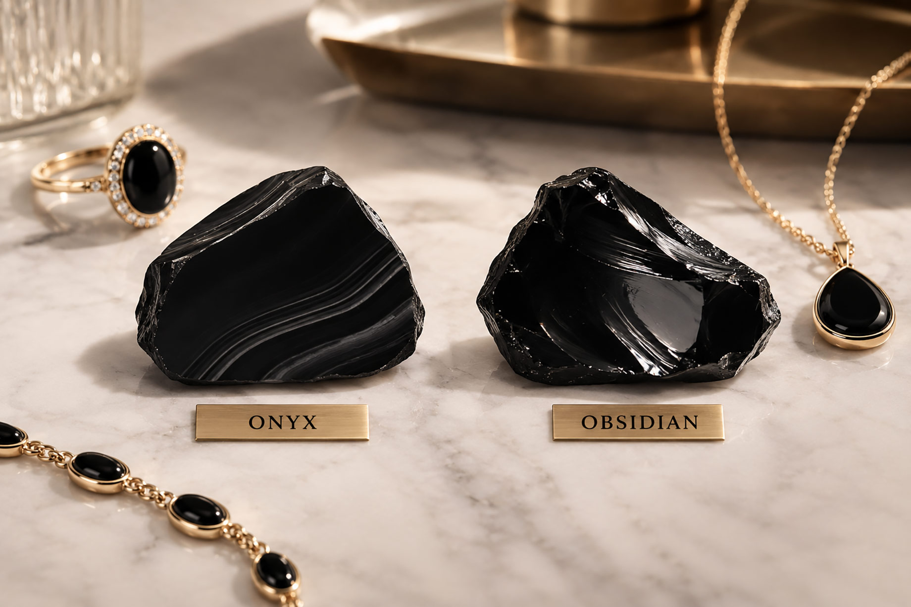 Banded black onyx and glossy obsidian displayed side by side with a gold ring, pendant, and bracelet on a pale marble surface.