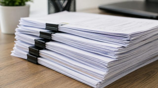 Neatly stacked property tax and financial documents secured with binder clips on a clean wooden office desk.