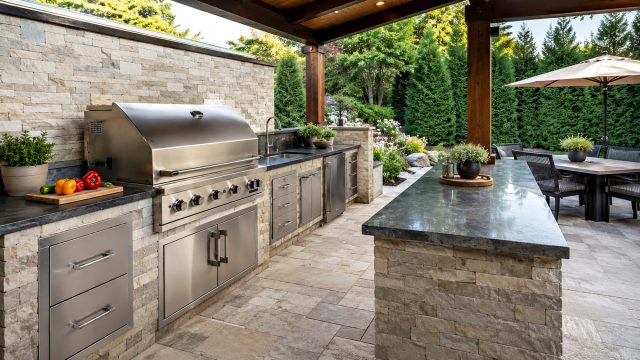 Luxury outdoor kitchen with stainless steel grill, preparation counters, storage, serving island, and adjacent dining area.