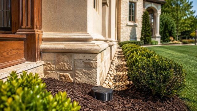 Discreet pest monitoring station installed beside the stone foundation and landscaped garden of a luxury residence.