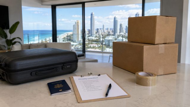 Moving boxes, suitcase, passport, and checklist prepared inside a Gold Coast apartment overlooking the coastline.