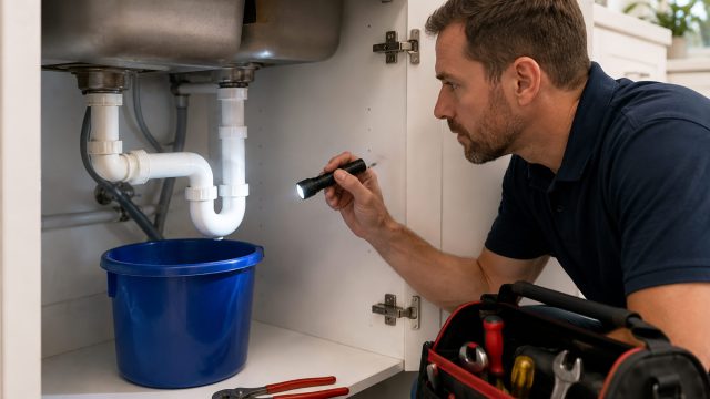 Plumber inspecting sink drain pipes and P-trap with a flashlight while checking for blockages and drainage problems.