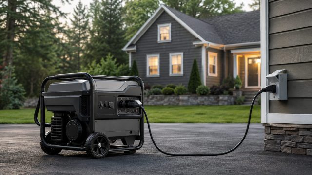 Portable generator connected to a home power inlet outside a suburban house for emergency backup electricity.