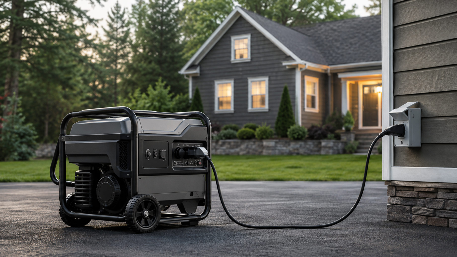 Portable generator connected to a home power inlet outside a suburban house for emergency backup electricity.