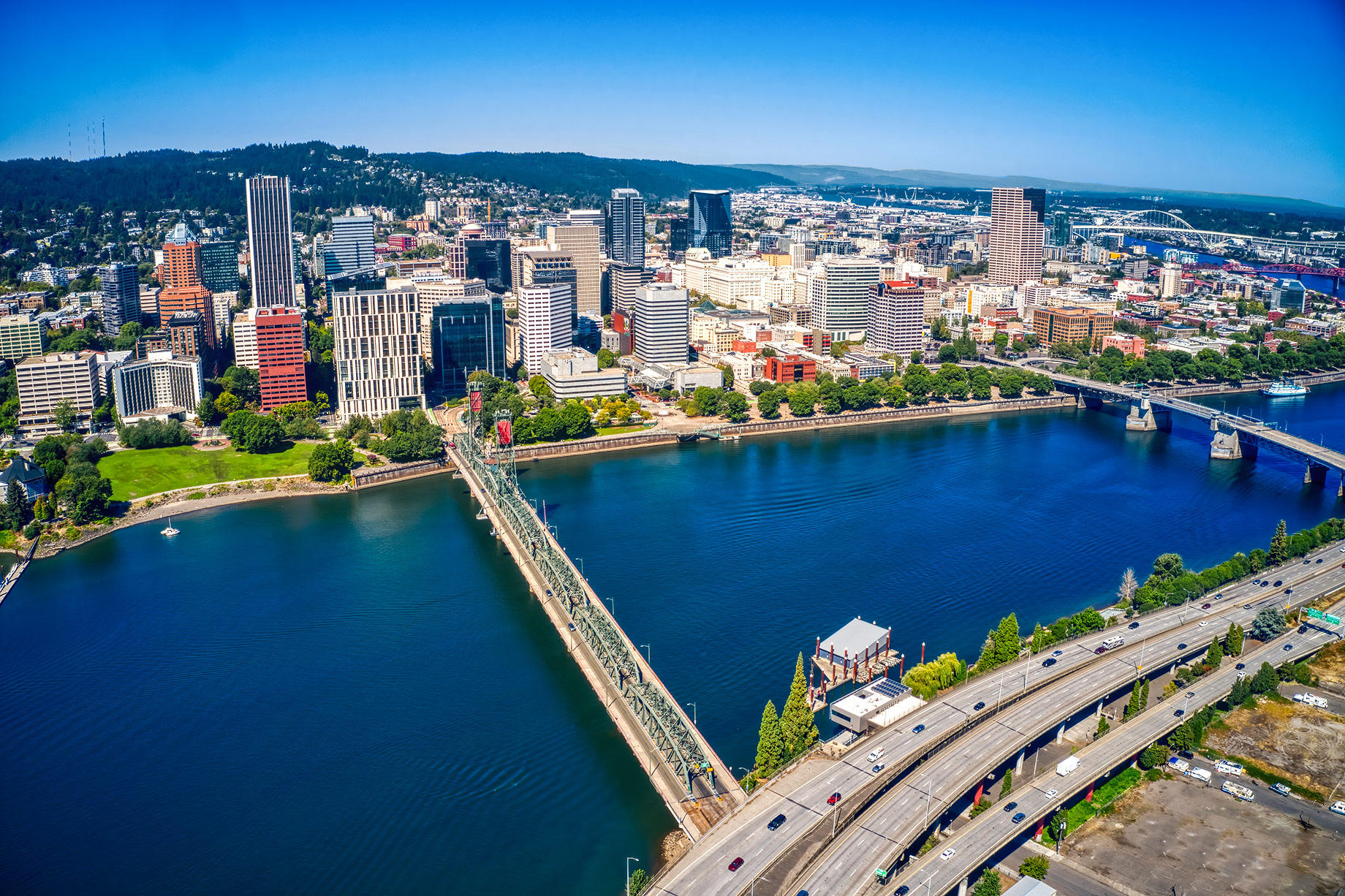 Portland Skyline Along the Willamette–Columbia River Corridor