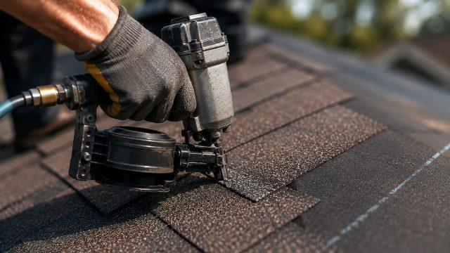 Gloved roofing contractor using a pneumatic nail gun to secure asphalt shingles on a residential roof.