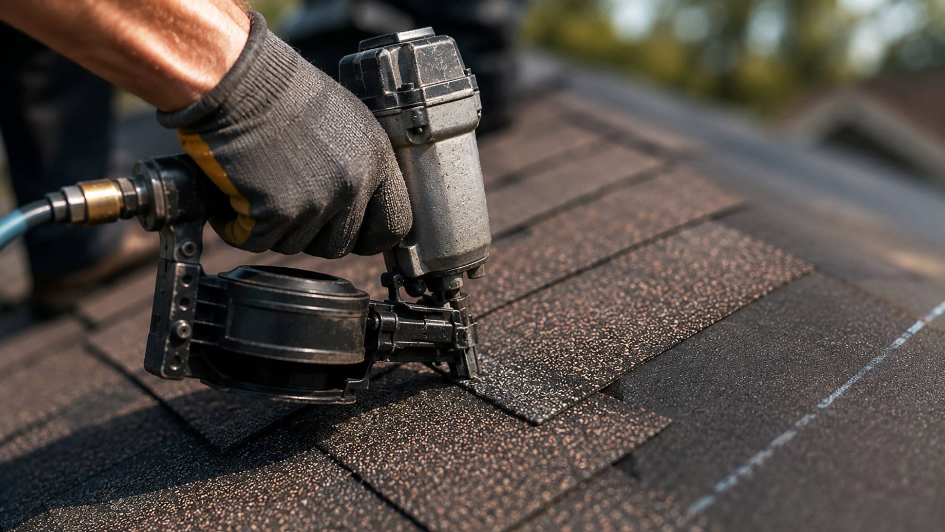 Gloved roofing contractor using a pneumatic nail gun to secure asphalt shingles on a residential roof.