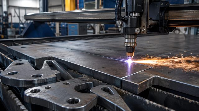 CNC plasma cutting torch producing a precise cut through thick steel plate beside finished components with clean edges and accurate bolt holes.